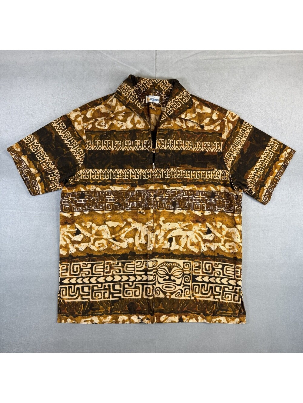 VTG 60s Andrade Honolulu Hawaiian Zip Up Shirt Mens L* Brown Tiki Tapa Barkcloth